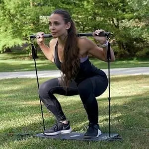 Portable Home Gym Strength Training Equipment, at Home | All in One - Resistance Bands, Base Holds Bar