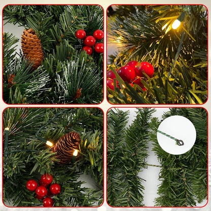 Christmas Wreaths with Pinecones Red Berries Artificial Christmas Garland for Fireplaces Stairs Front Door New Year Decoration