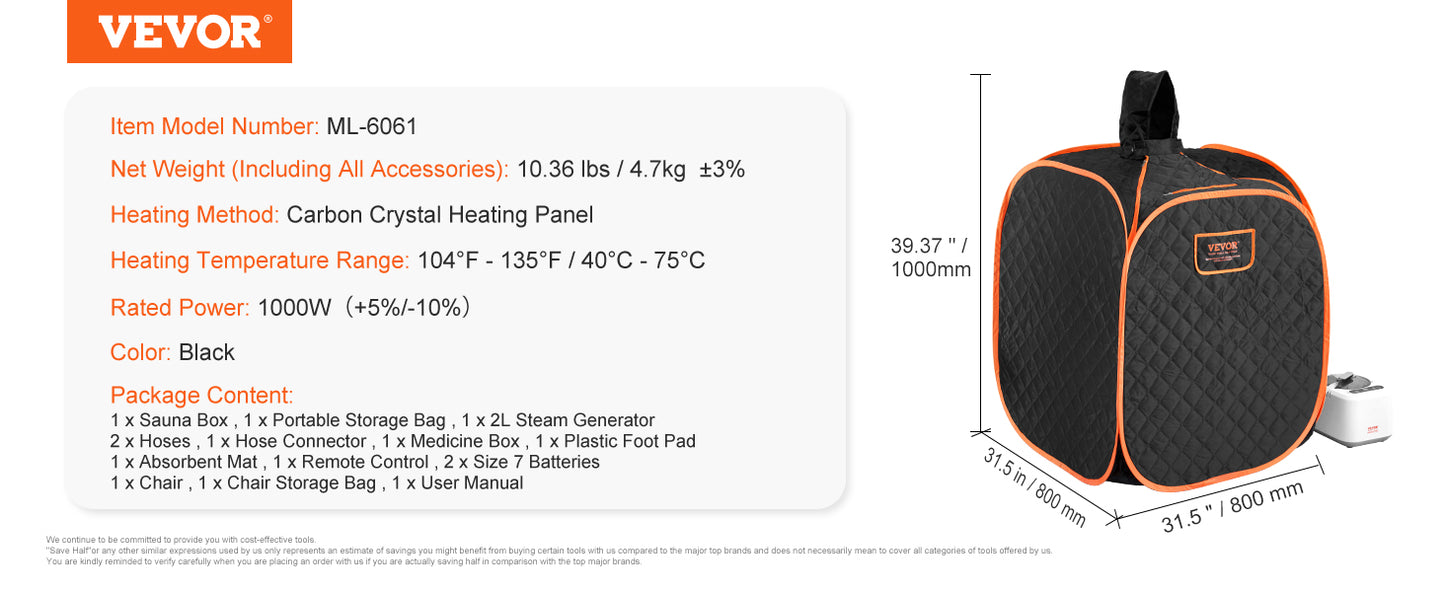 VEVOR Compact Portable Steam Sauna Tent 1000 W Black For Detox Relaxation Time Temperature Remote Control Home